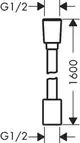 Schematische Darstellung eines Brauseschlauchs mit G1/2-Anschluss. Hansgrohe-Produkt zeigt Verbindungselemente und Abmessungen.